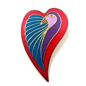 VTG Laurel Burch Dove Heart Enamel Bird Gold Tone Brooch Pin